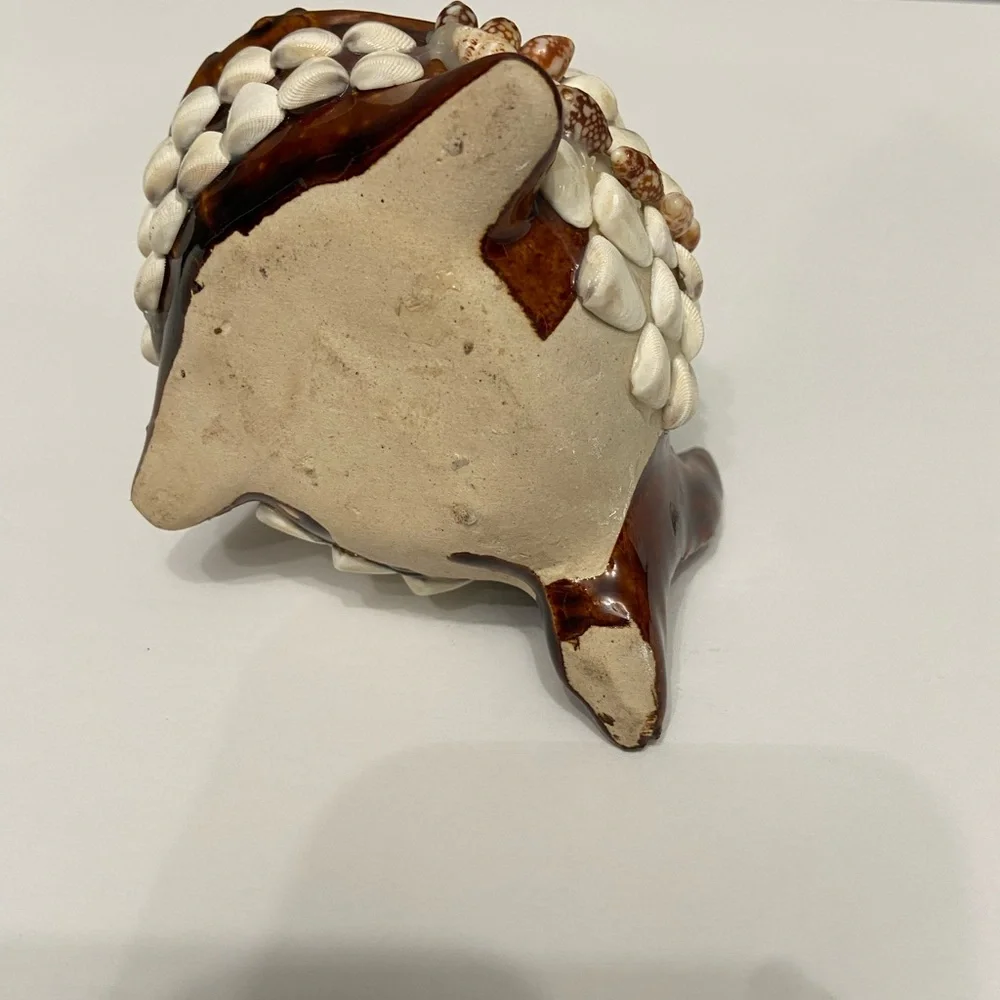 FOLK ART Wide Mouthed Shell Covered Whale Fish Ceramic Ashtray Boho Hippie Artsy